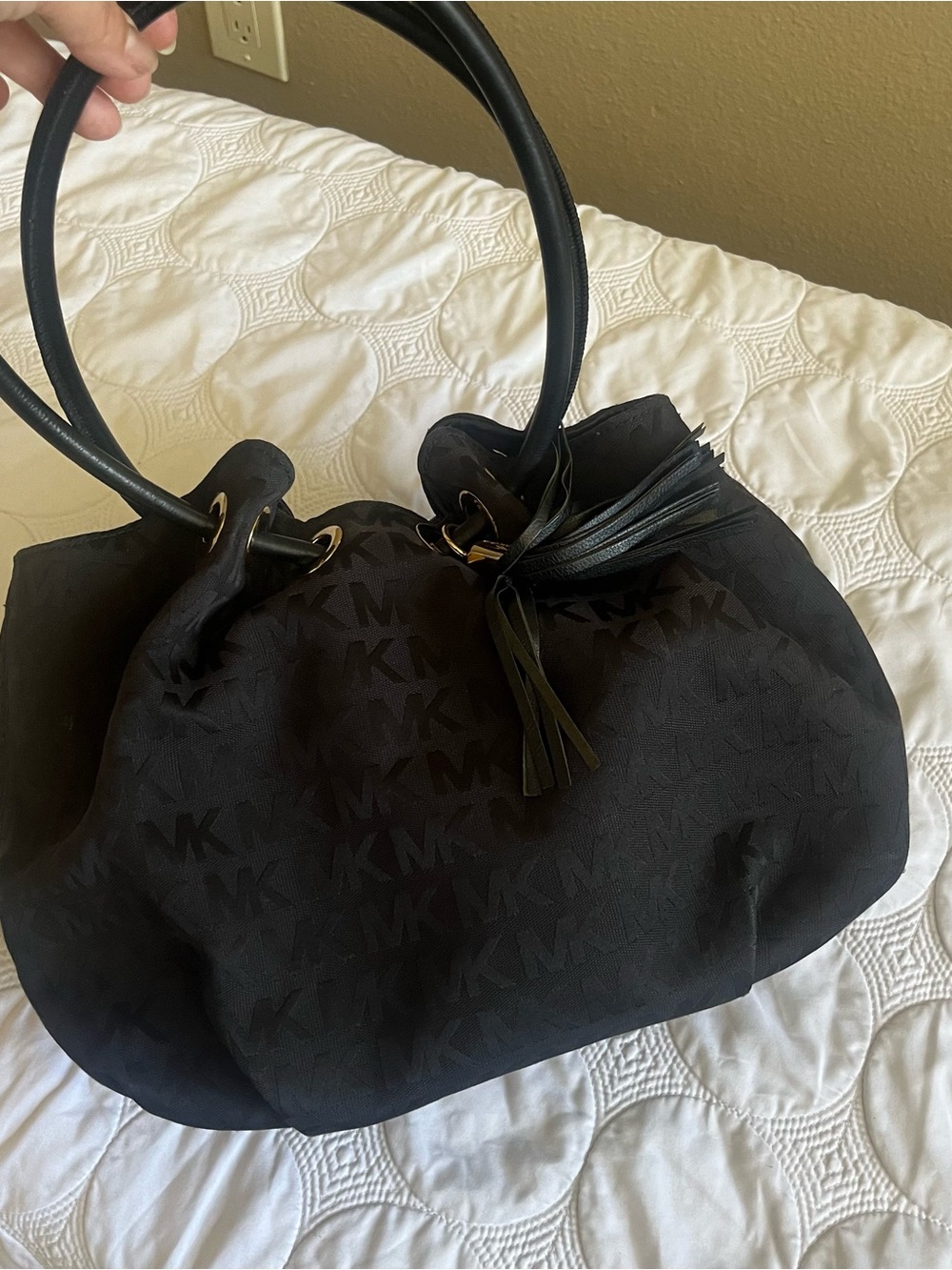 Michael Kors Black MK Monogram Drawstring Tote with Gold Charm - Picture 4 of 9